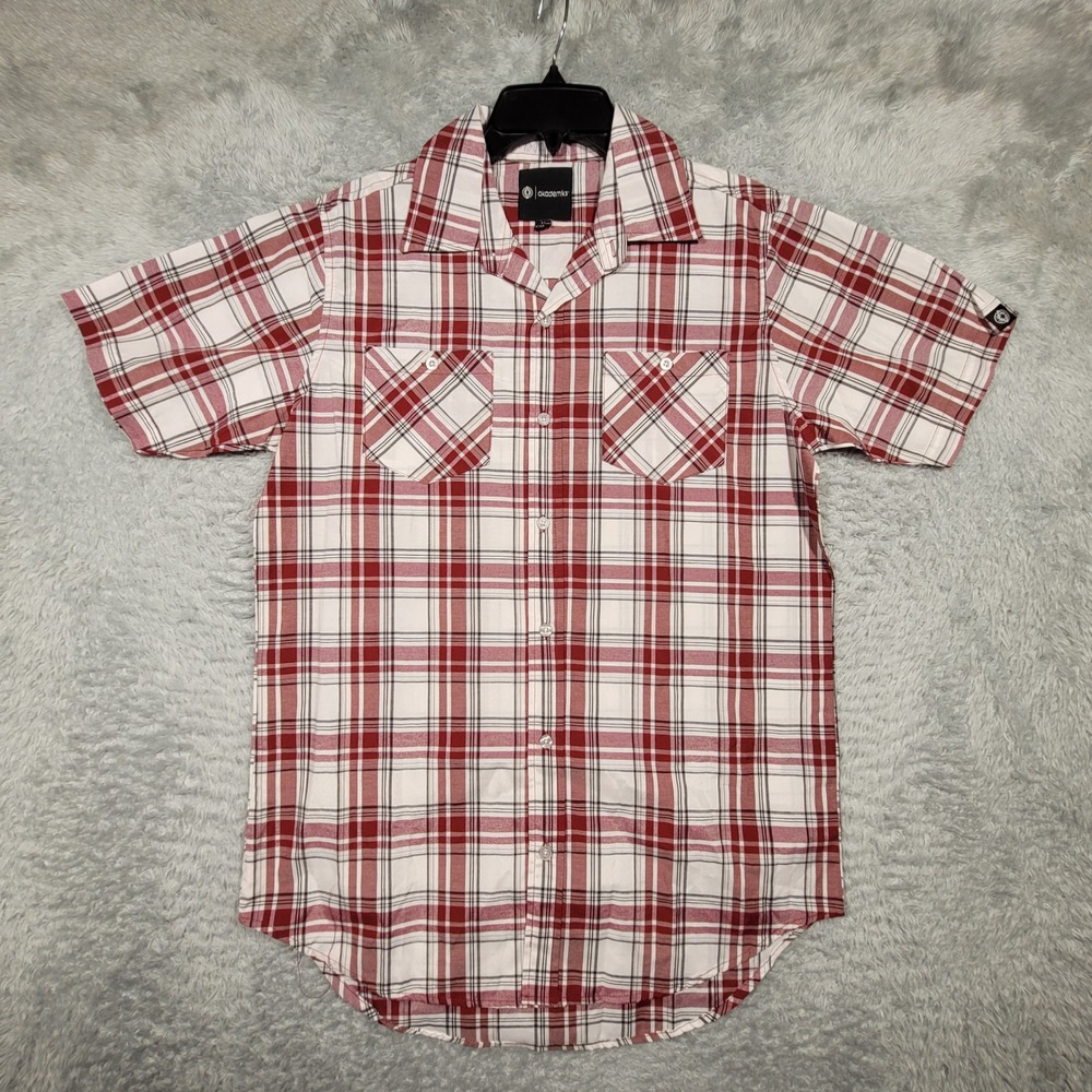 Akademiks Shirt Mens Medium Plaid Button Up Short Sleeve Casual Red White